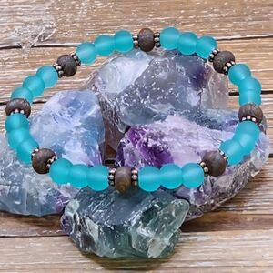 Light Teal Cultured Sea Glass, Toffee Bronzite and Copper Beaded Bracelet